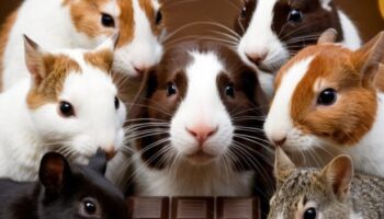 Seven animals surrounded by chocolate bars and cocoa beans, some sniffing, others nibbling cautiously